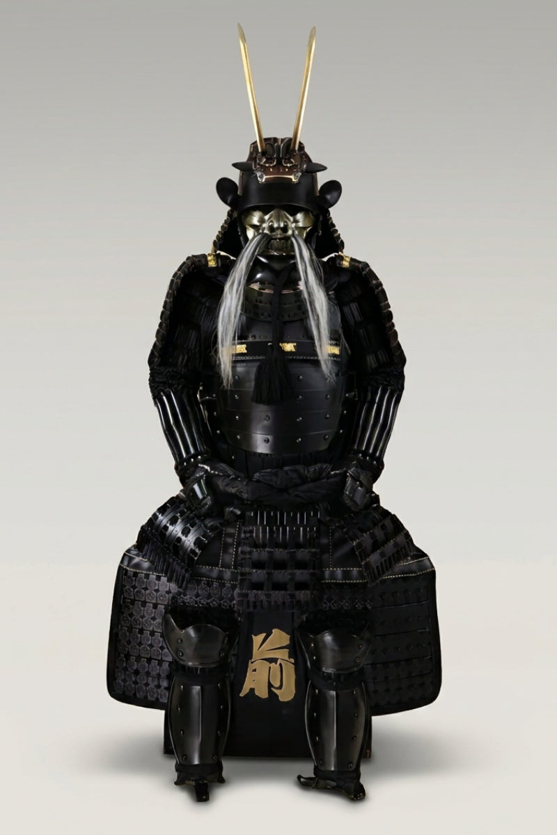 All black samurai armor Kuro Raijin on display stand: gold kuwagata horns, gilded menpo mask with white moustache and fully black lacquered plates and lacing