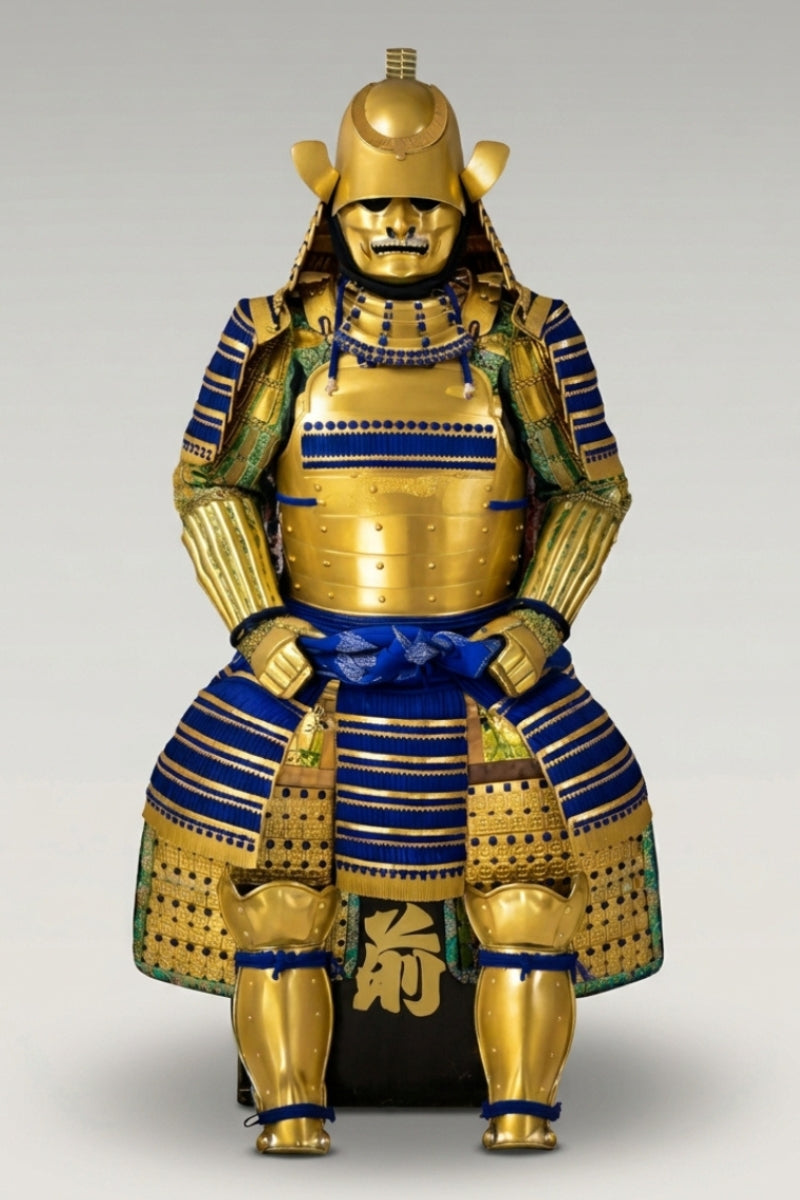 Gold samurai armor Ogon Shogun on display stand: gilded do cuirass and kabuto helmet with buffalo-horn maedate, blue silk odoshi lacing and green brocade panels