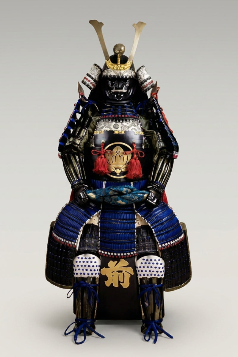 Blue and black samurai armor Seiryu no Kage on display stand: gold kuwagata horns above a black menpo mask, blue laced kusazuri and a gilt crest with red tassels