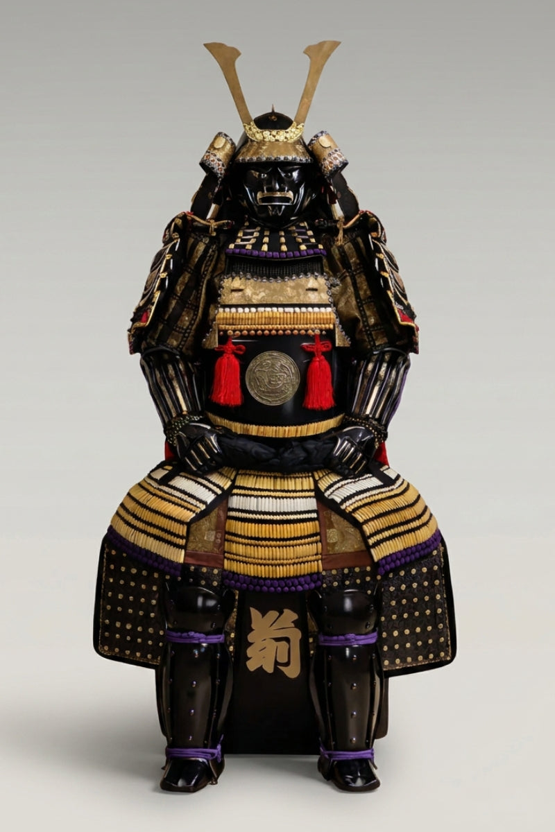 Black samurai armor Shogun Kurogane on display stand: tall gold kuwagata horns on the kabuto, bronze medallion with red tassels and gold and purple laced kusazuri