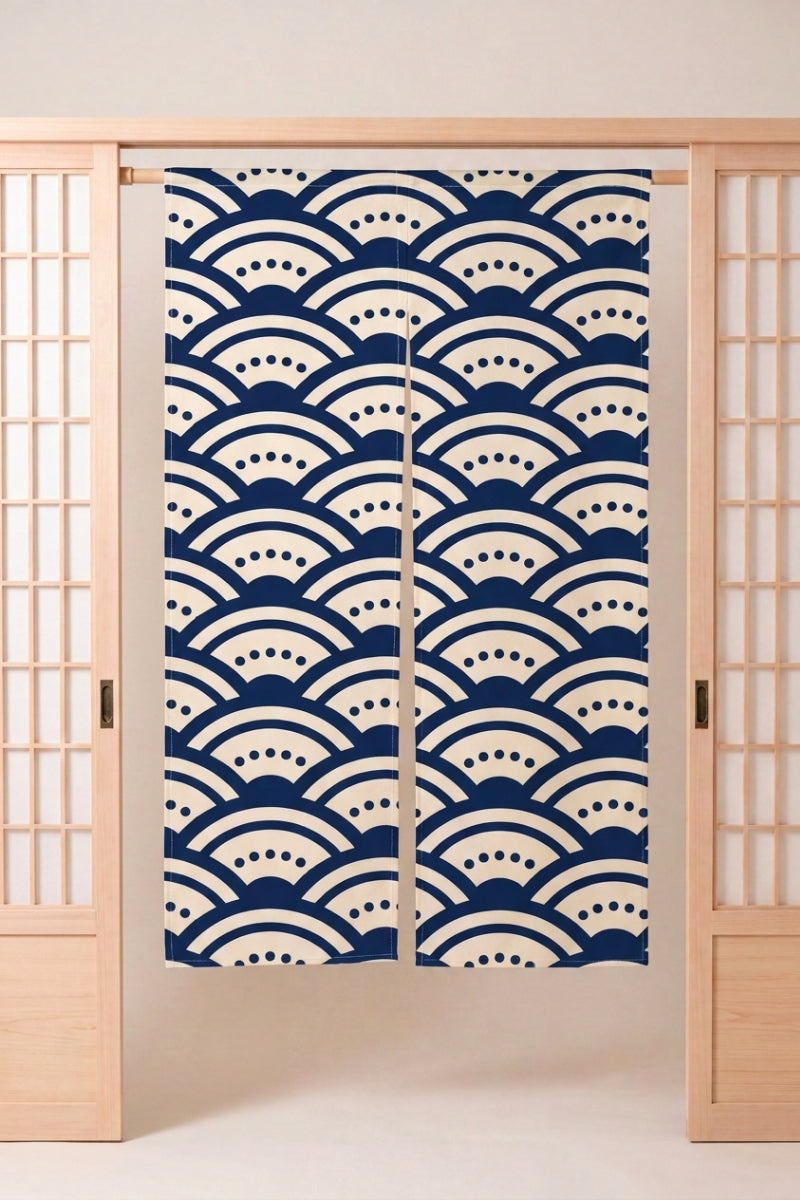 Japanese Noren 'Heiwa' — split doorway curtain printed with navy seigaiha wave-arcs dotted with small points on cream, traditional Japanese room divider