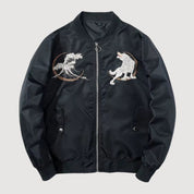 Japanese Sukajan Jacket ‘Kitsuneneki’ – Embroidered Wolf &amp; Waves Souvenir Jacket