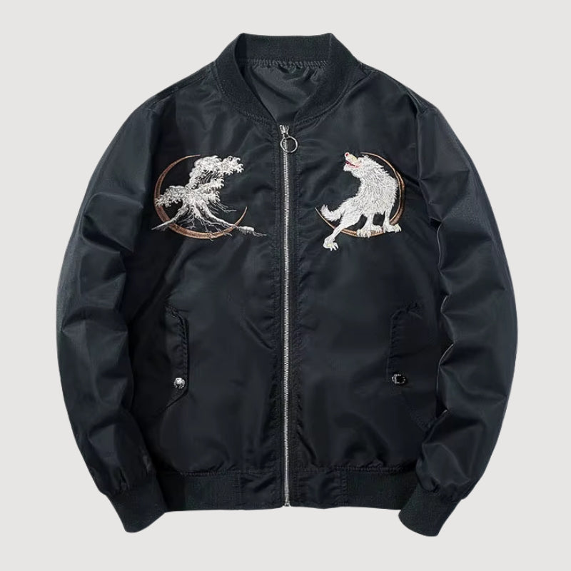 Japanese Sukajan Jacket ‘Kitsuneneki’ – Embroidered Wolf &amp; Waves Souvenir Jacket
