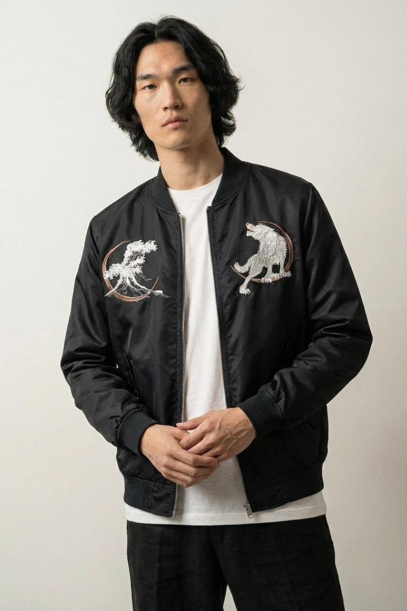Souvenir Bomber Jacket 'Kitsuneneki' — all-black sukajan, white wolf over a wave and moon embroidered