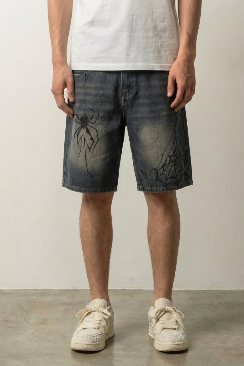 Spider web denim shorts — Y2K printed graphic streetwear