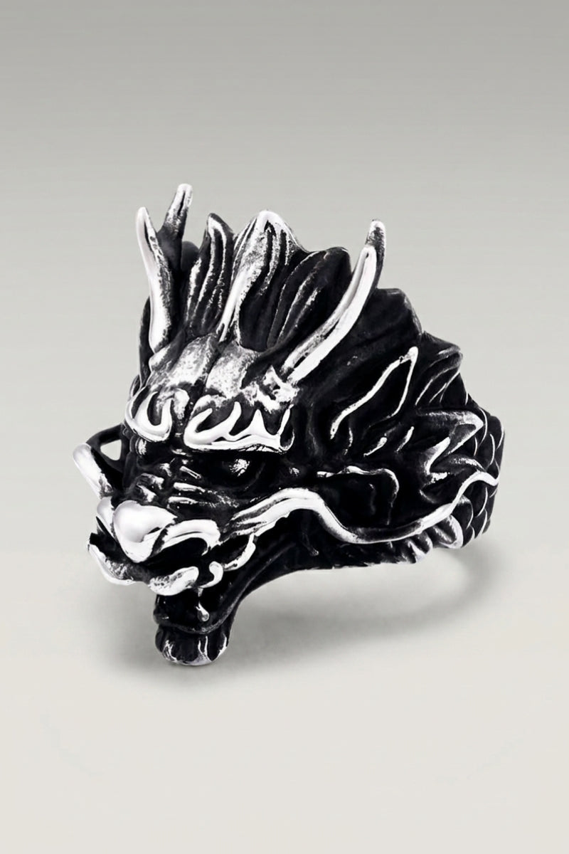 Steel Dragon Ring 'Sephiro' — Japanese silver ring, a fierce dragon head in blackened steel