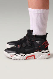 Black Japanese sneakers 'Echizen', worn on foot with white socks — Japanese streetwear style