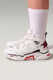 White Japanese sneakers 'Echizen', worn on foot with white socks — Japanese streetwear style