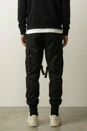 Streetwear Pants with Straps 'Okazaki' — all-black streetwear cargo jogger with utility straps and buckles