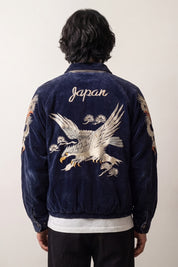 Suede bomber jacket Ryukage in deep blue, back view showing the embroidered dragon across the panel