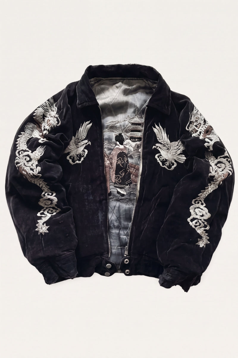 Ribbed cuff and hem detail of the fleece-lined suede bomber jacket Ryukage