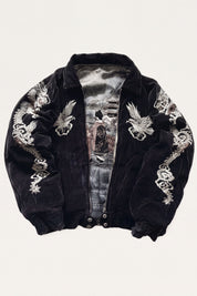 Ribbed cuff and hem detail of the fleece-lined suede bomber jacket Ryukage