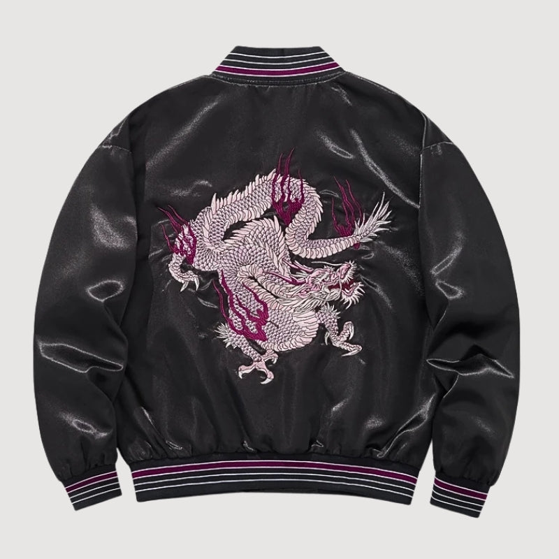 Detail view of Japanese garment with dragon print - Sukajan Dragon Jacket Kokuryū Flame