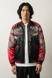 Sukajan Dragon 'Ryuka no Ito' — black-and-red sukajan, two dragons and peonies embroidered