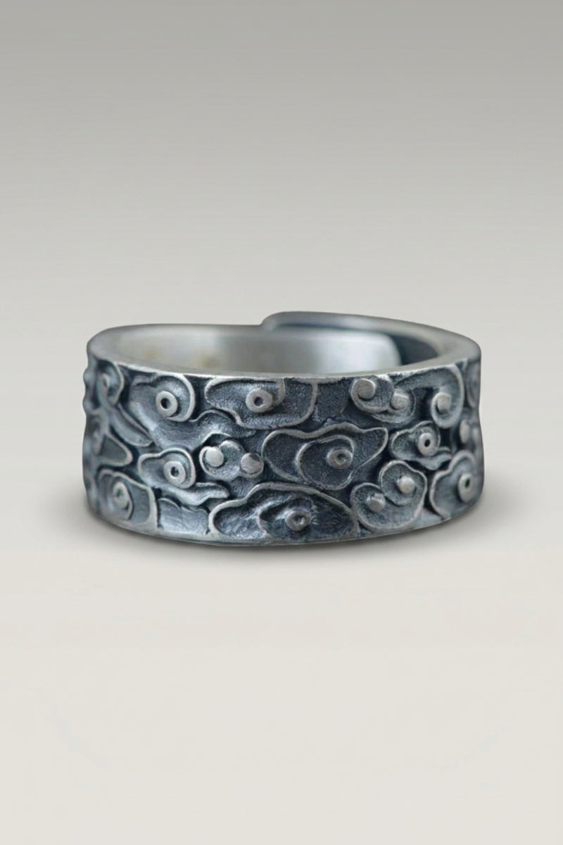 Japanese Silver Ring 'Kochino' — Japanese silver ring, an oxidised silver band carved with swirling clouds