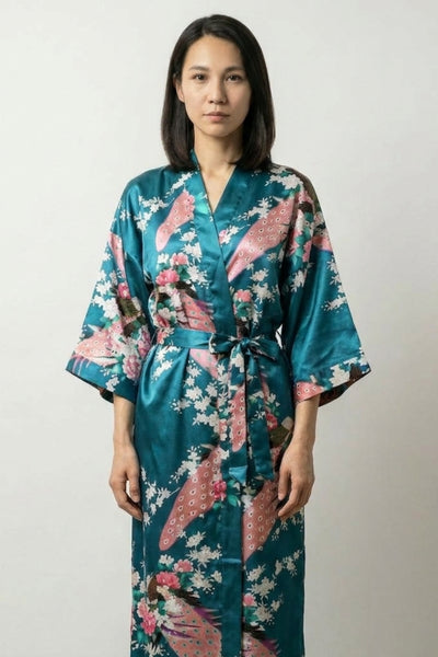 Teal Peacock Long Satin Robe 'Aoshou'
