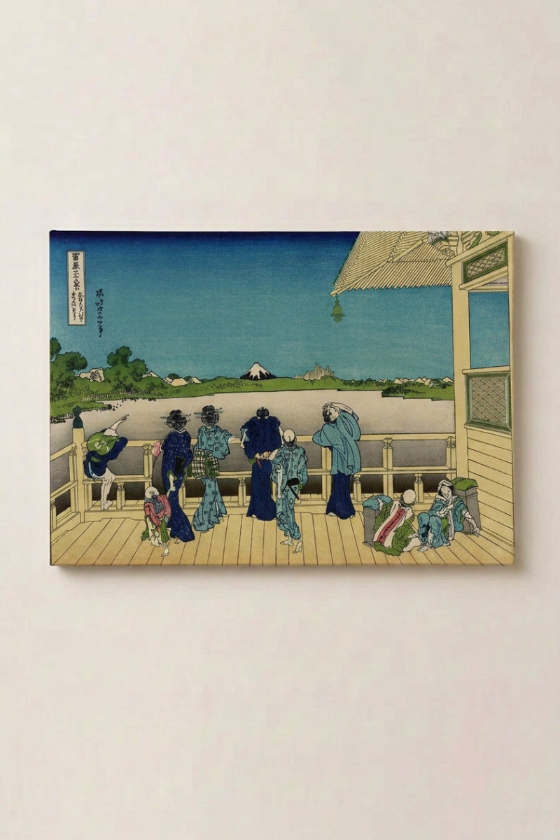 Japanese print Woman 'Dento' — Japanese ukiyo-e-style print depicting figures on a temple veranda at dusk overlooking a lake, ukiyo-e canvas print, shown on a wall