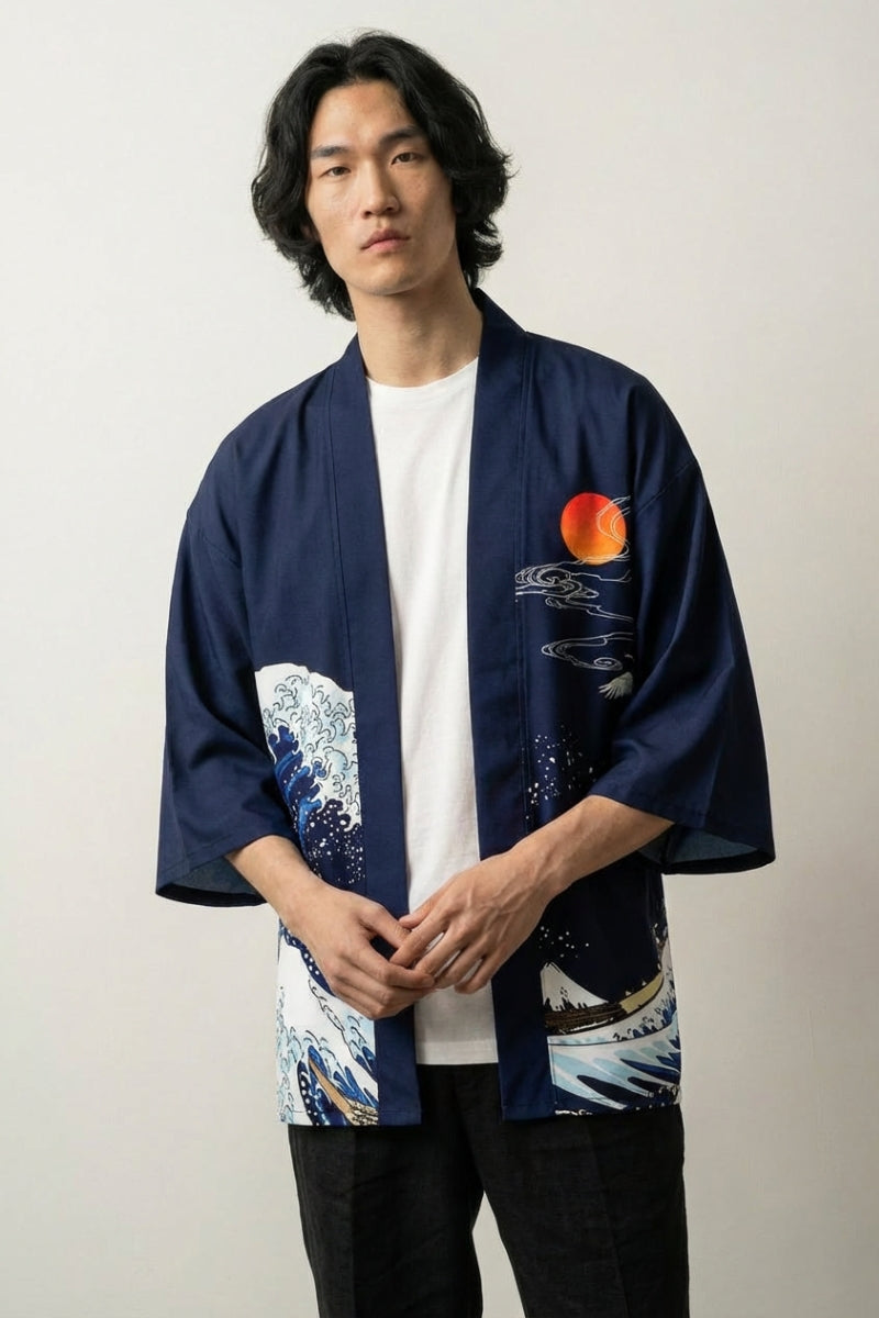 Japanese-style kimono with wave print