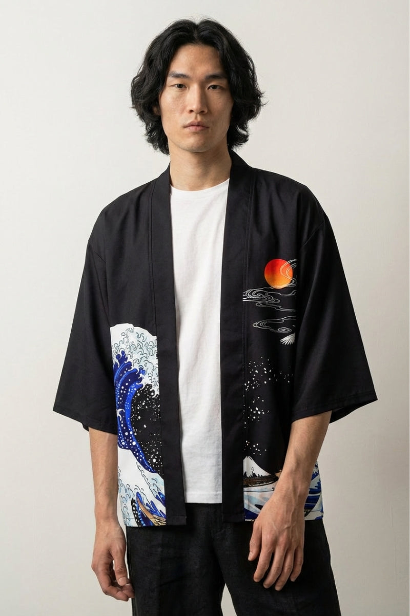 Back view of kimono with wave print