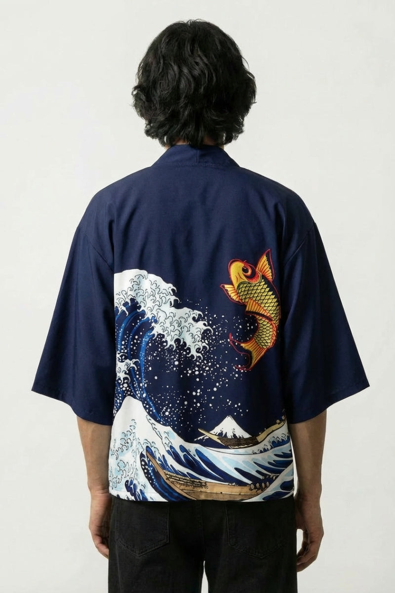 Detail view of kimono with wave print - The Great Wave off Kanagawa Kimono