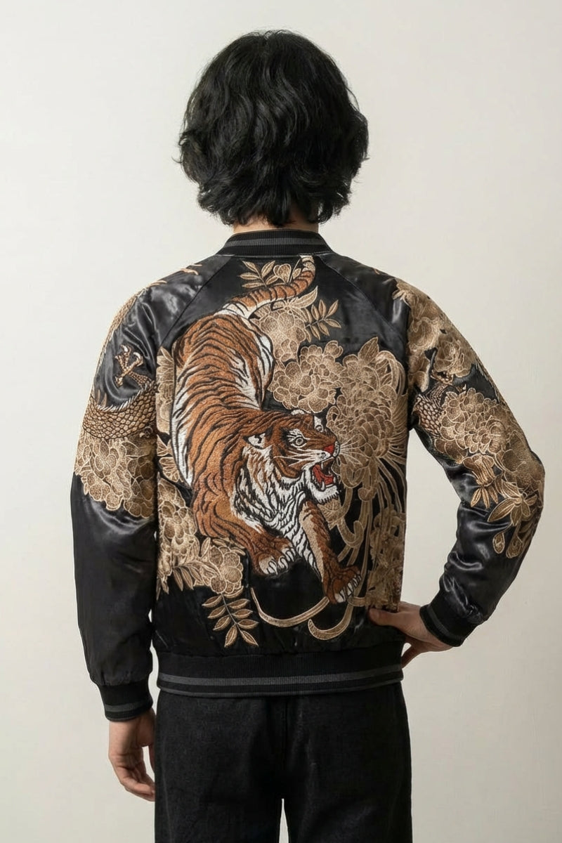 JAPANESE EMBROIDERED JACKETS 1&2 スカジャン Men Bomber double side Coat Japanese Dragon Embroidered Sukajan