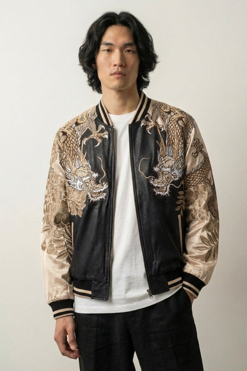 Detail view of Japanese garment with tiger print - Tiger Sukajan Jacket Kazan Tora