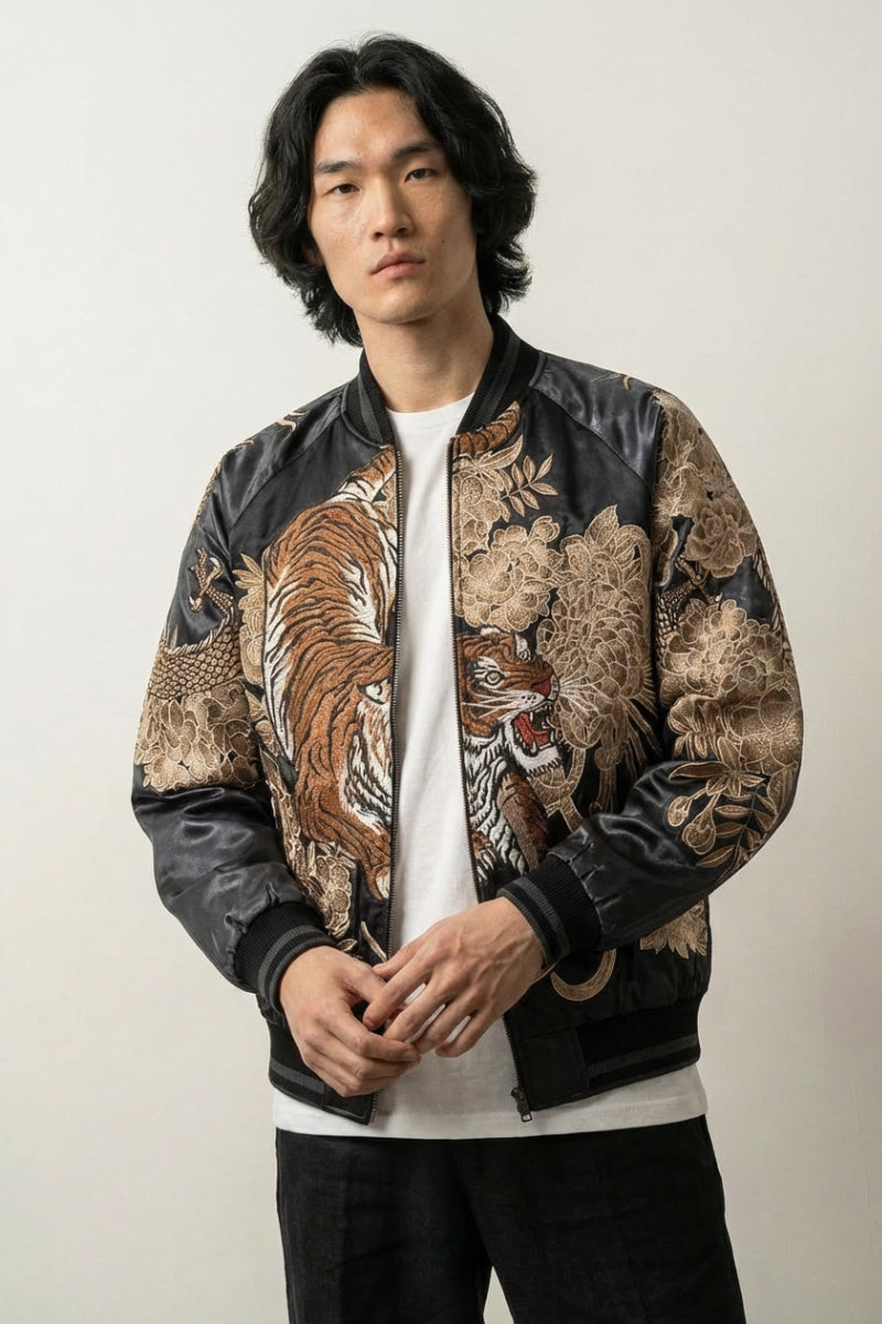 Close-up of Japanese garment with tiger print fabric and craftsmanship