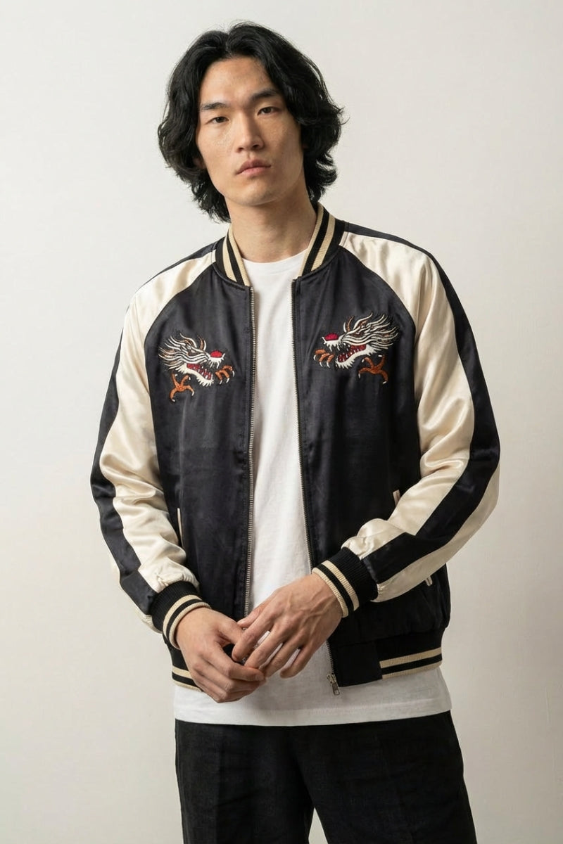 Tokyo Dragon Sukajan 'Raijin no Tora' — reversible sukajan, red dragon and Tokyo script, blue and cream