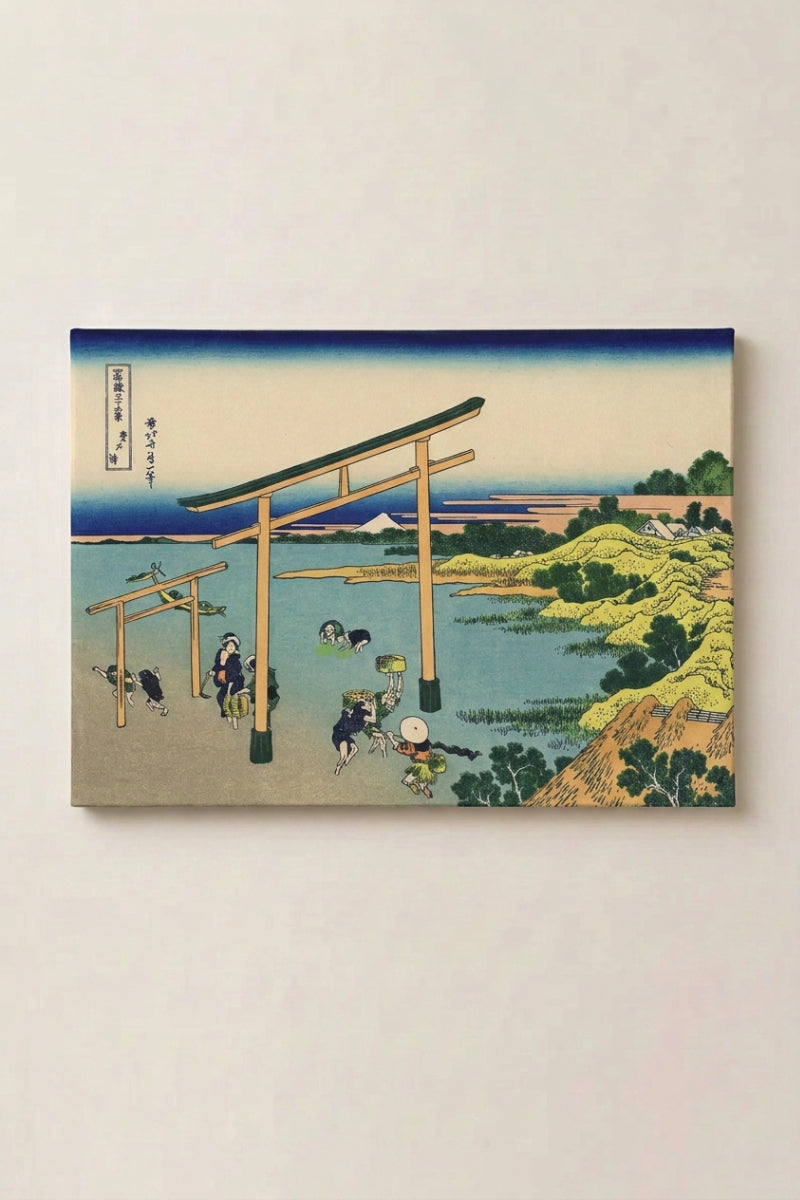 Japanese Spring Print 'Torii' — Japanese ukiyo-e-style print depicting a torii gate in shallow water with figures and boats, ukiyo-e coastal scene canvas print, shown on a wall