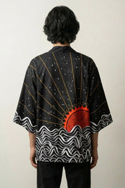 Traditional Haori 'Tsuki no Taiyo' — red rising sun and gold rays print kimono jacket