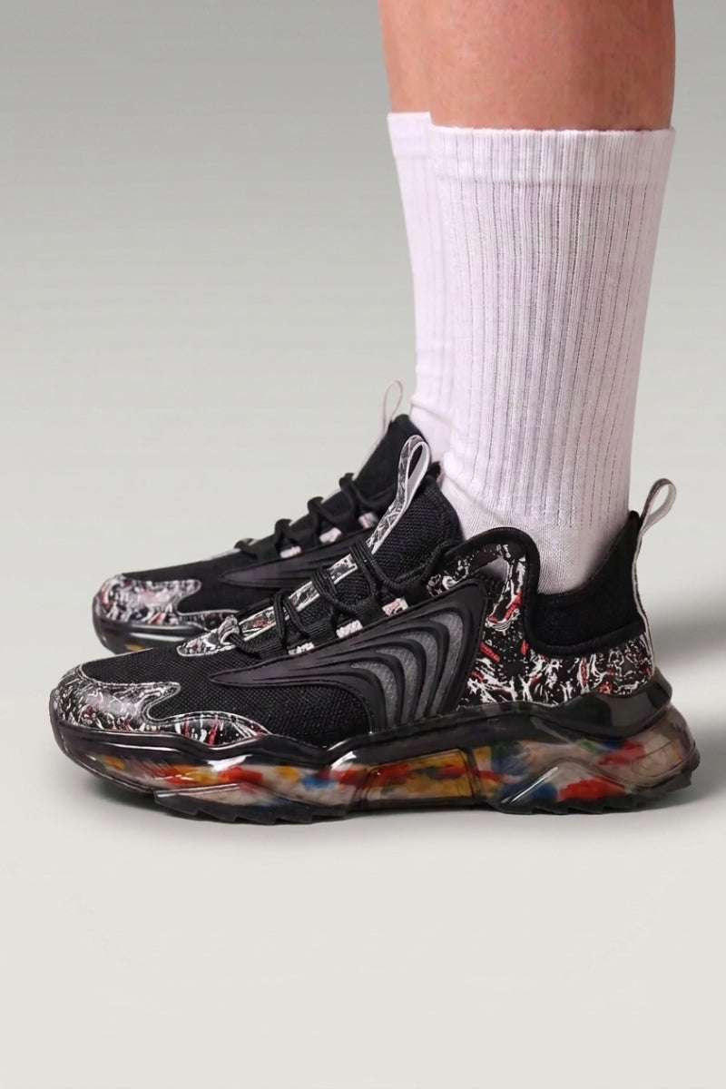 Black Japanese brand sneakers 'Kariya', worn on foot with white socks — Japanese streetwear style