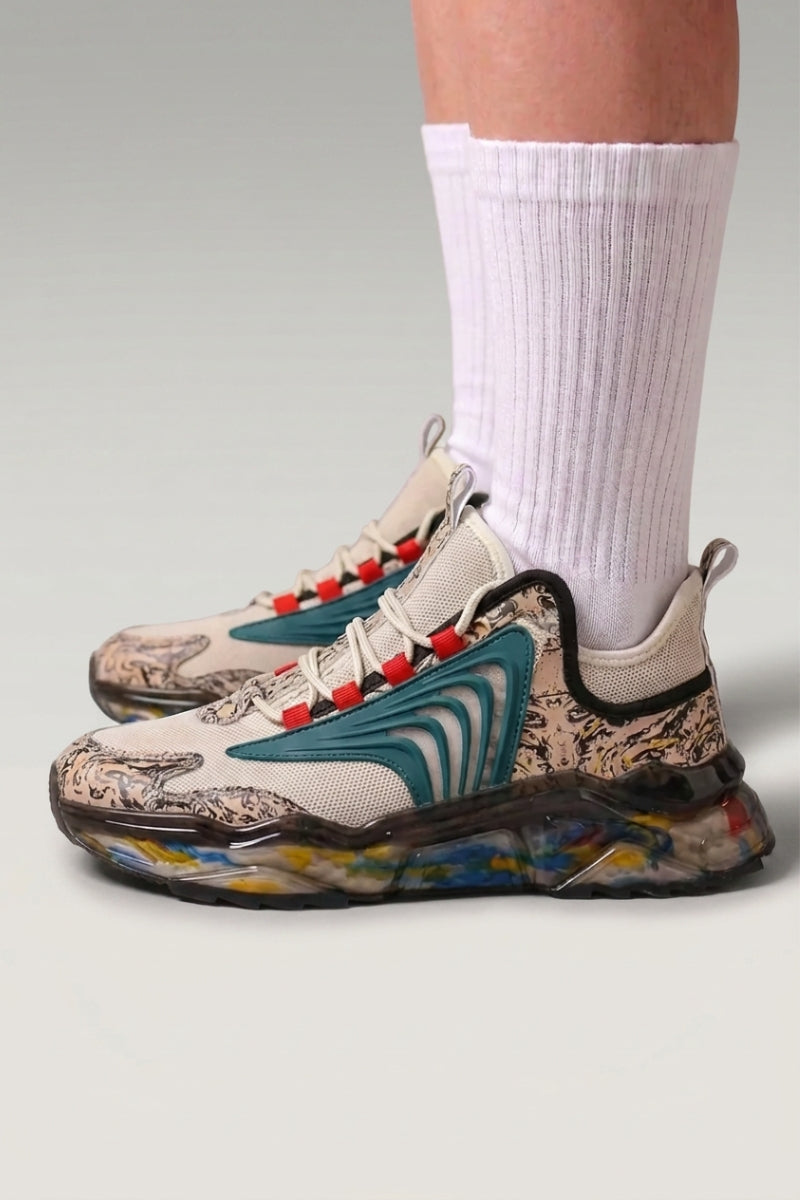 Grey Japanese brand sneakers 'Kariya', worn on foot with white socks — Japanese streetwear style