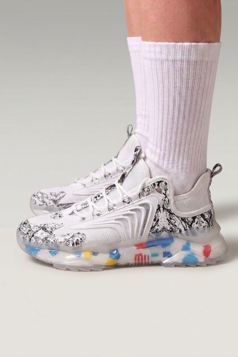 White Japanese brand sneakers 'Kariya', worn on foot with white socks — Japanese streetwear style