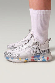 White Japanese brand sneakers 'Kariya', worn on foot with white socks — Japanese streetwear style