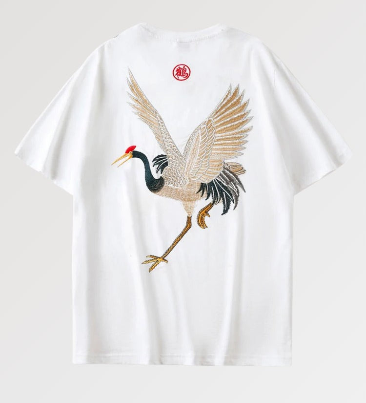 Japanese Tsuru embroidered tee shirt in traditional style