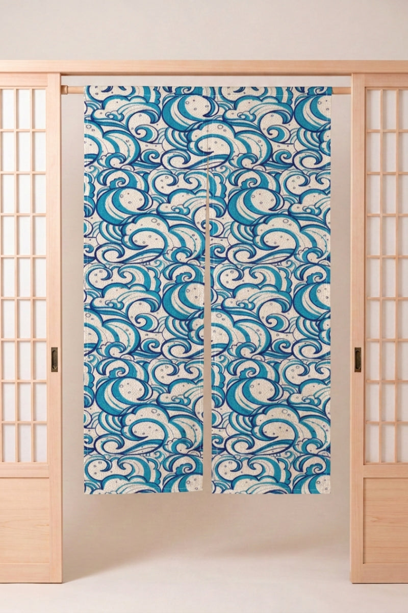 Japanese Noren 'Tenshi' — split doorway curtain printed with swirling turquoise and blue waves with white foam on white, traditional Japanese room divider
