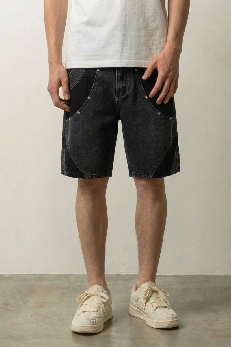 Two-tone contrast denim shorts styled look