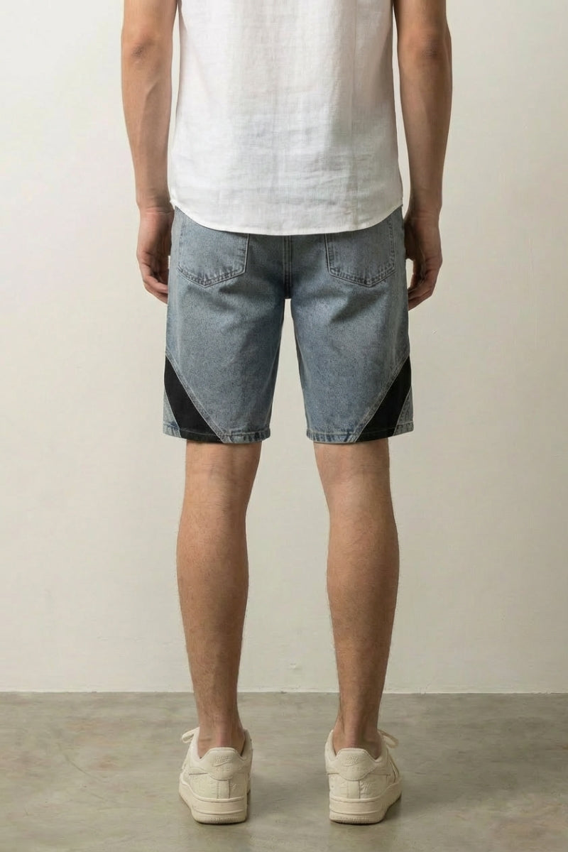 Two-tone panel denim shorts construction detail