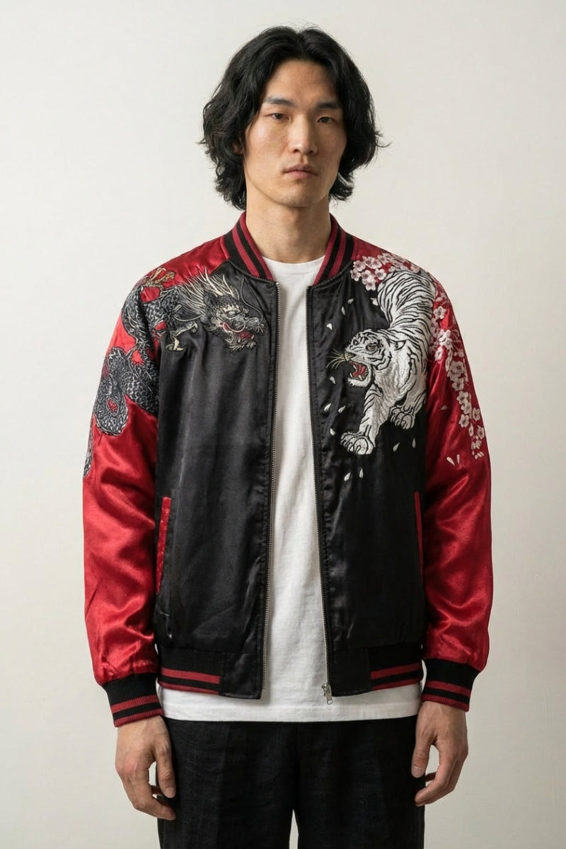 Vintage Jacket Sukajan 'Mainoho' — reversible sukajan, red eagle and dragon, cream and dark red