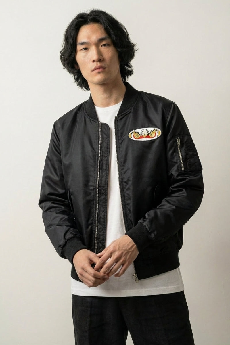 Vintage Japanese Bomber Jacket 'Samurai' — all-black sukajan, Fujin the wind god in gold embroidered