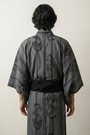 Vintage Japanese Kimono 'Ryûchiku' — grey men's kimono, fine stripes with hidden dragons