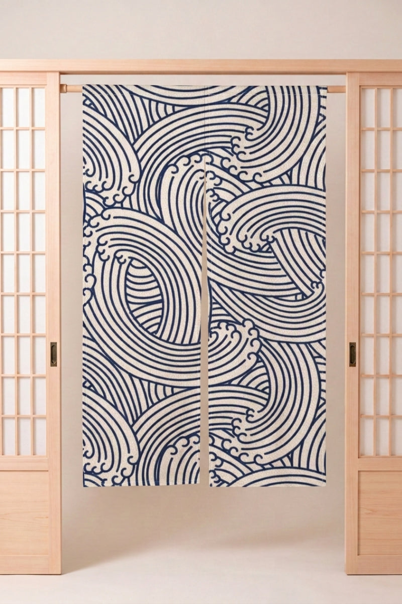 Japanese Noren 'Kaze' — split doorway curtain printed with large line-drawn navy water spirals on cream, traditional Japanese room divider