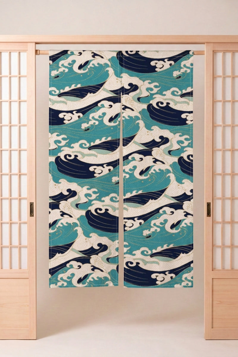 Japanese Noren 'Kumo' — split doorway curtain printed with navy and turquoise waves crested with cream foam and gold, traditional Japanese room divider