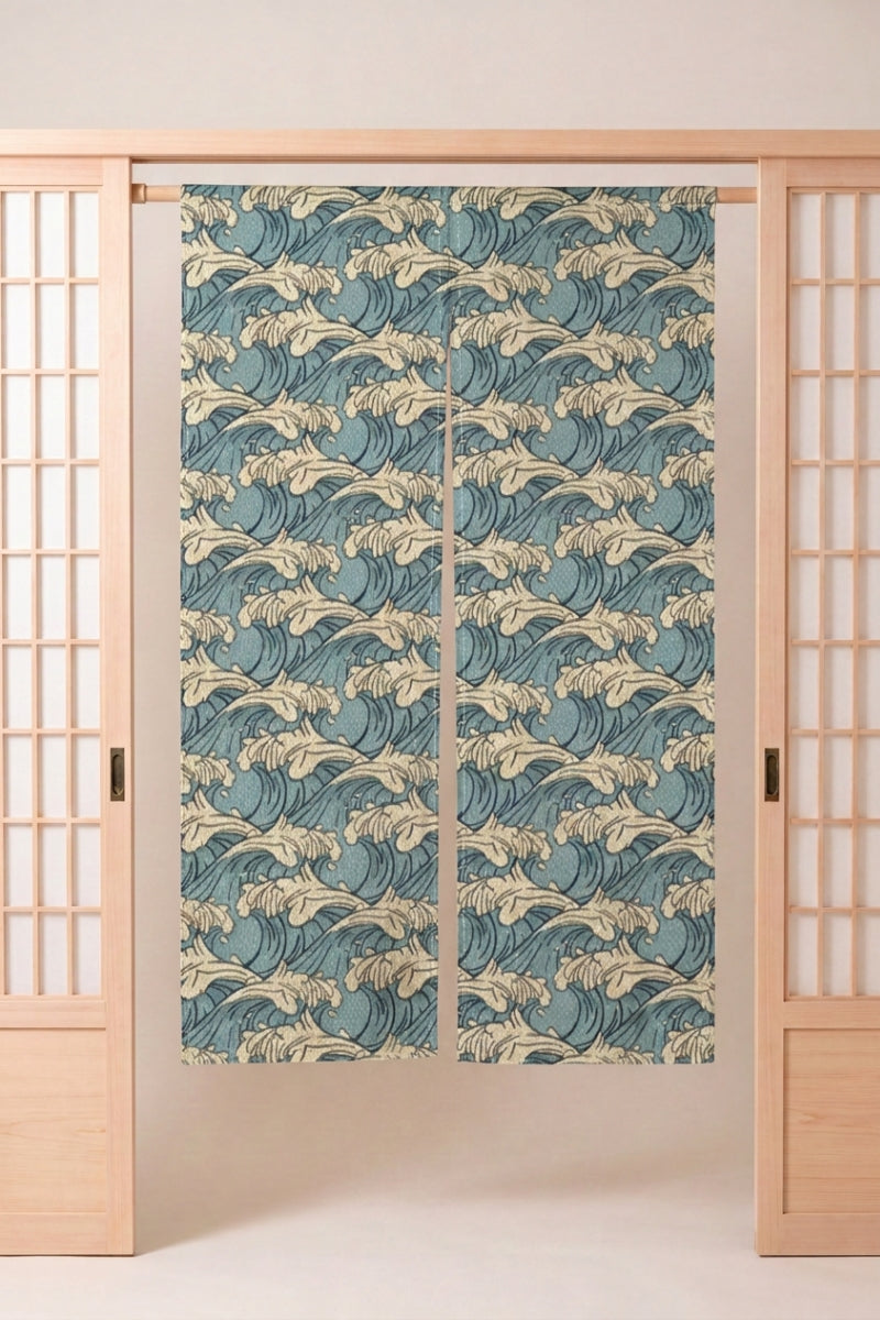 Japanese Noren 'Tomodachi' — split doorway curtain printed with densely packed cream wave foam on soft powder blue, traditional Japanese room divider