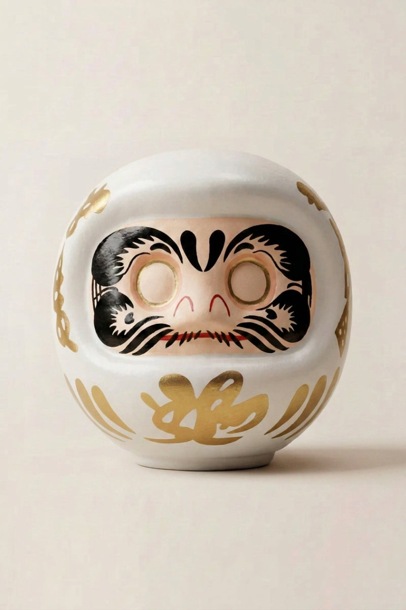White daruma doll with gold calligraphy and blank white eyes, traditional Japanese good-luck charm