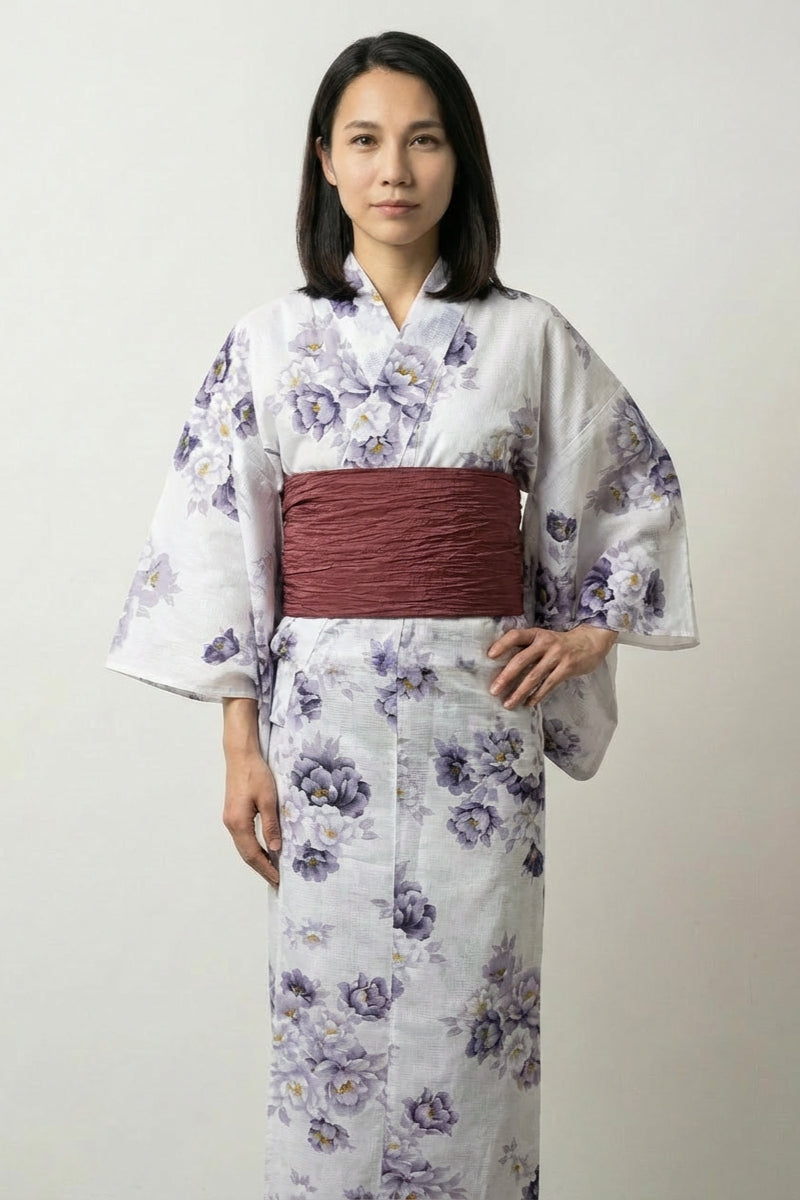 White Japanese kimono with lavender peony print and burgundy obi belt for women