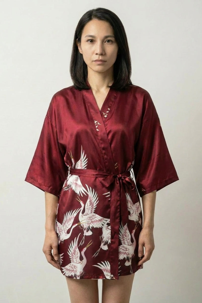 Wine Crane Short Satin Robe 'Akatsuru' | Japan Clothing