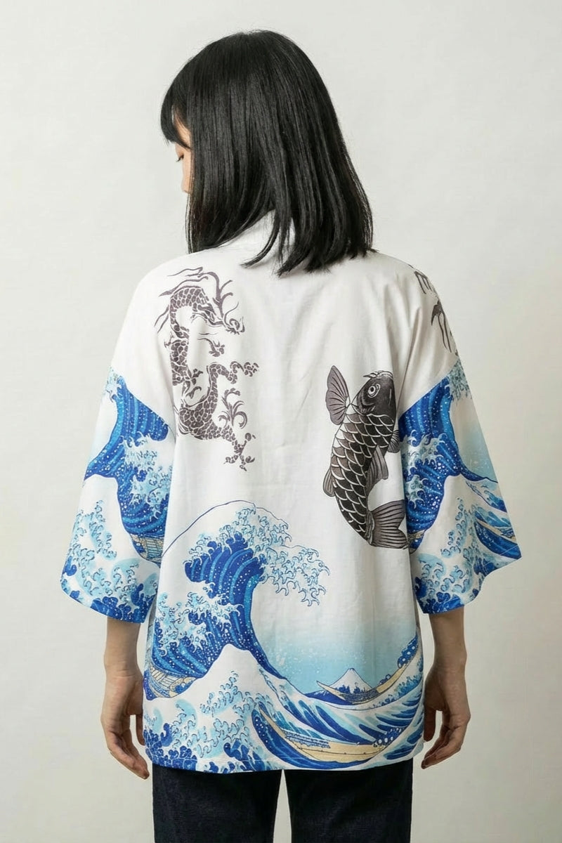 Back view of the white Kanagawa kimono blueprint: the koi climbing through the crest of the wave with a flowering branch arcing overhead