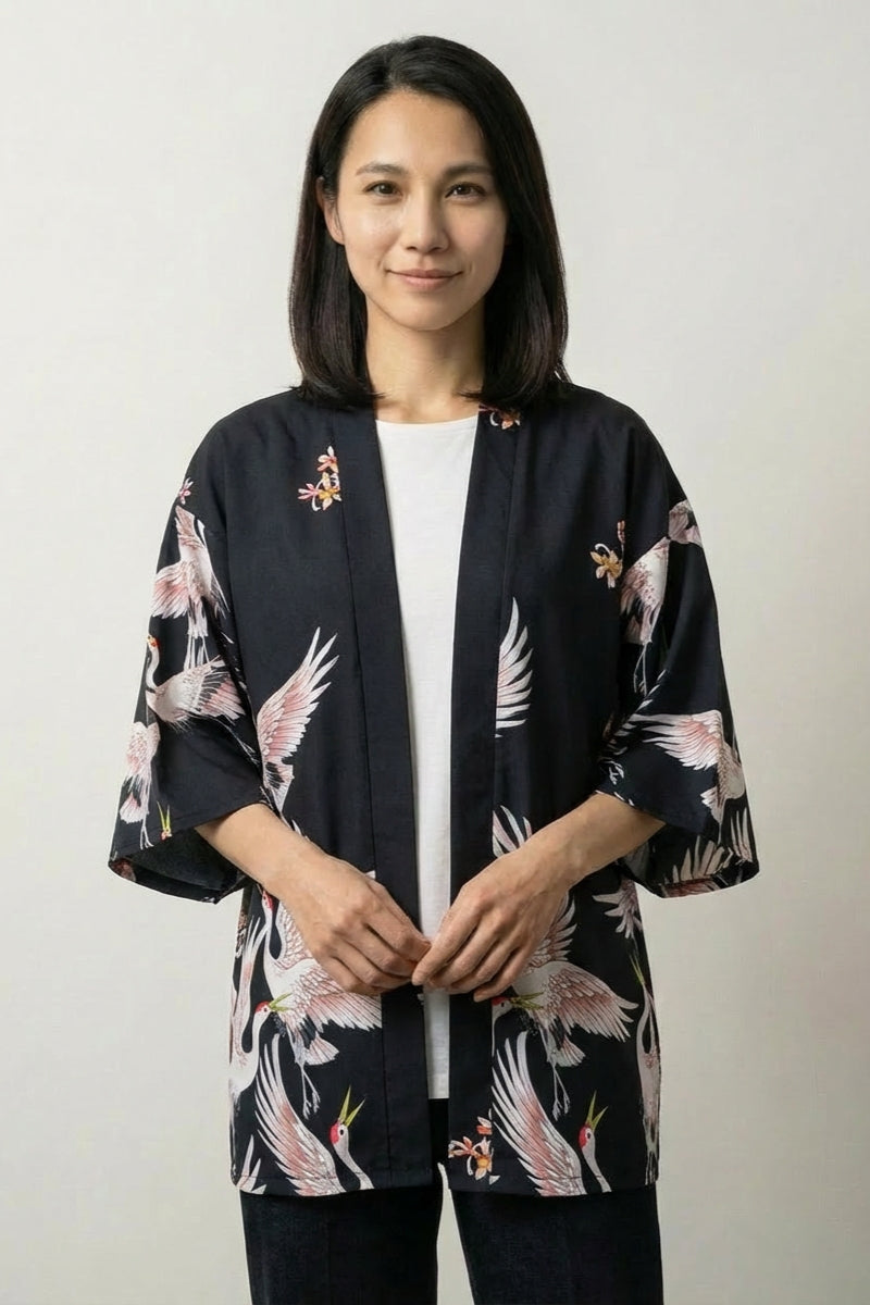 Womens Short Kimono Jacket, Cranes | Japan Clothing – JAPAN CLOTHING