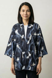 Women's spring kimono Shikuru in navy, front view: open satin-finish jacket with three-quarter sleeves in a tonal navy print